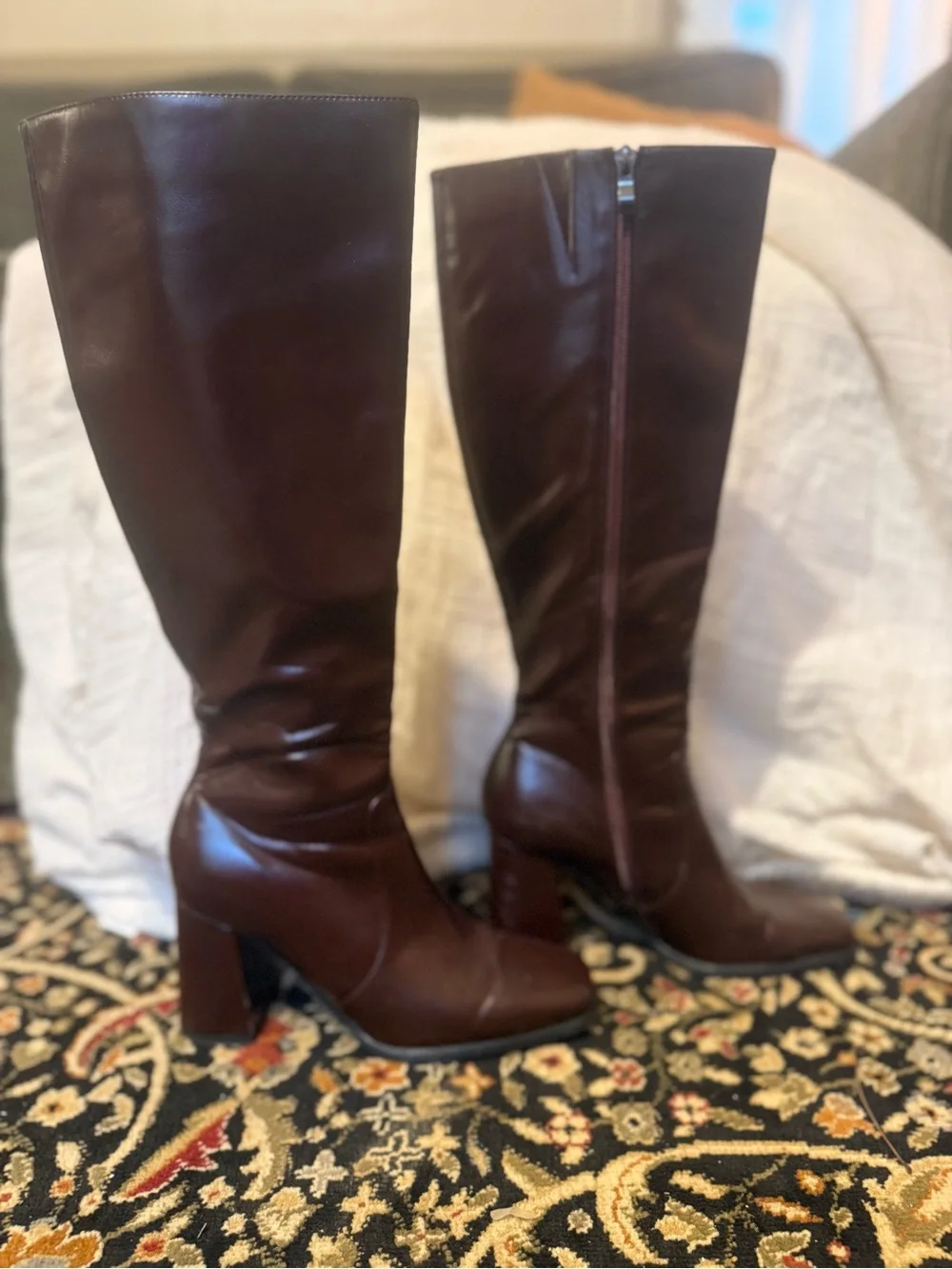 Women’s Tall Burgundy Leather Block Heel Boots